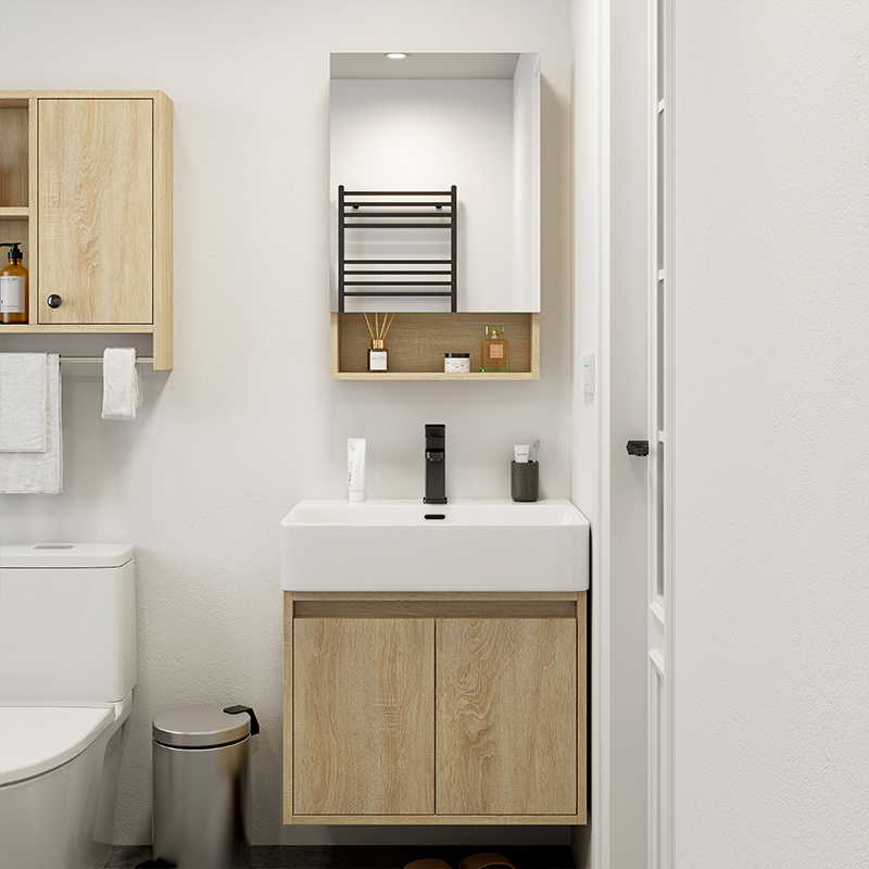 小户型浴室柜组合实木卫生间挂墙陶瓷一体洗脸洗手V盆柜家用洗漱
