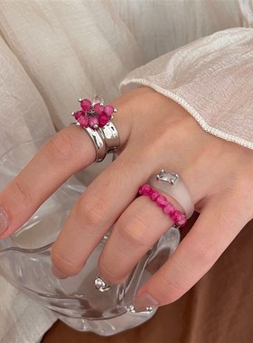 法式手工石榴g石串珠双层高级感戒指 小众设计甜酷多巴胺甜酷指环