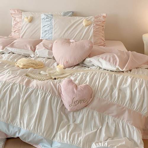 元气少女简约花边水洗棉立体爱心全棉被套双人床上用品四件套