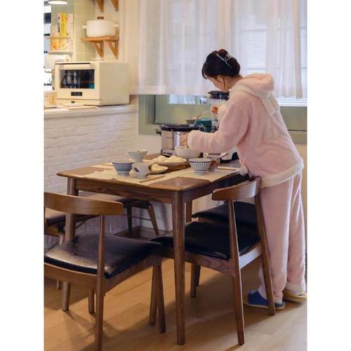 全实木餐桌椅组合中古黑胡桃色家用日式吃饭小户型书房长方形桌子