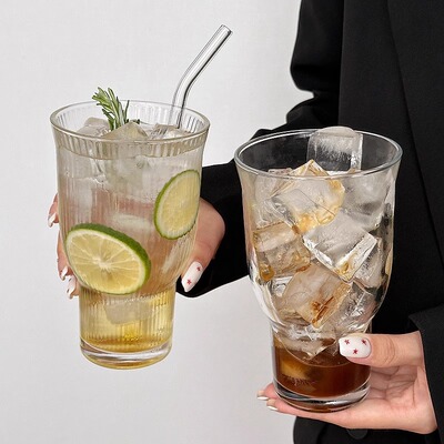 新款 ins风竖纹果汁玻璃杯饮料咖啡饮品杯大容量卢森堡牛奶杯家用