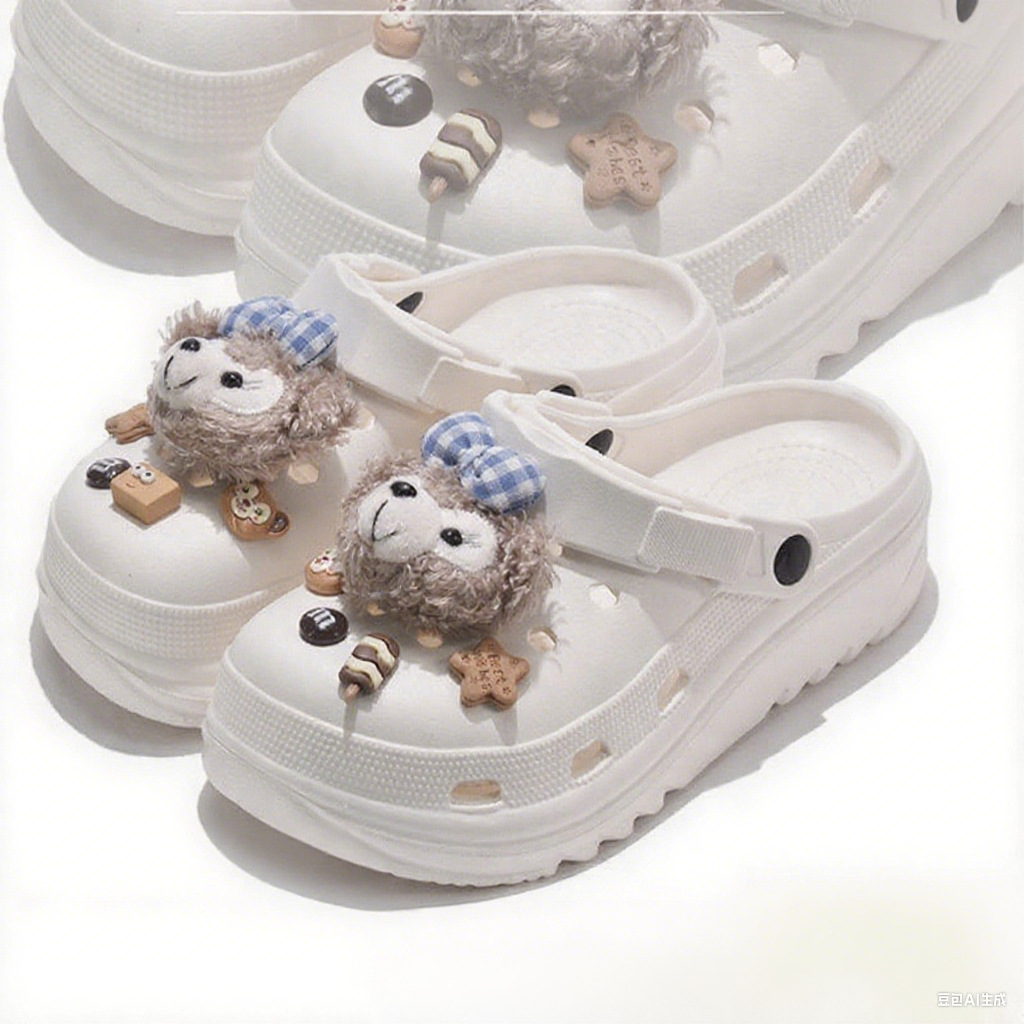 可爱毛绒小熊洞洞鞋女2025夏季新款eva外穿厚底包头两穿凉拖鞋潮