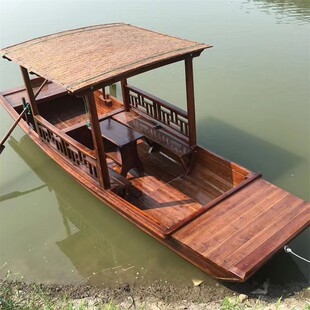 小木船渔船实木质仿古乌篷船手划摇橹电动观光旅游画舫水上餐饮船