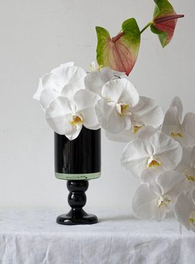 OOOOH法式中古高脚玻璃花瓶黑色复古插花水培摆件厚重不掉色