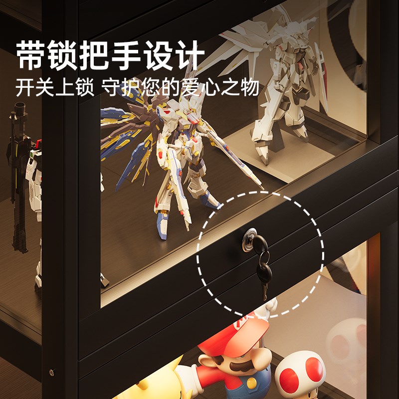 手办展示柜带灯带锁透明亚克力多层防尘收纳柜落地模型收纳置物架