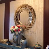圆形装 饰玄关镜金色雕刻边客厅桌饭厅奢华餐欧美镜镜壁挂镜背景墙