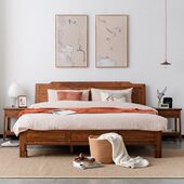 新中式 实木床简约主卧老榆木加厚双人床1.5米1.8米储物床卧室家具