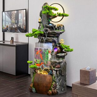 中式流水转家居装饰山水雾化鱼缸古风室内情摆件田园风珠加湿水晶