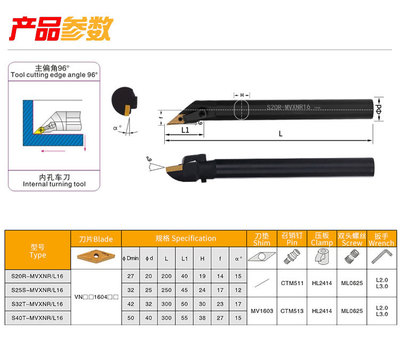 90度数控内孔刀杆S16Q/S25S/S32T/S40U/S20R-MVQNR16/MVQNL16