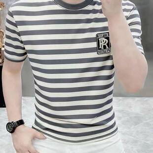 男士 高档圆领条纹短袖 夏季 潮流时尚 休闲百搭 半袖 专柜品质