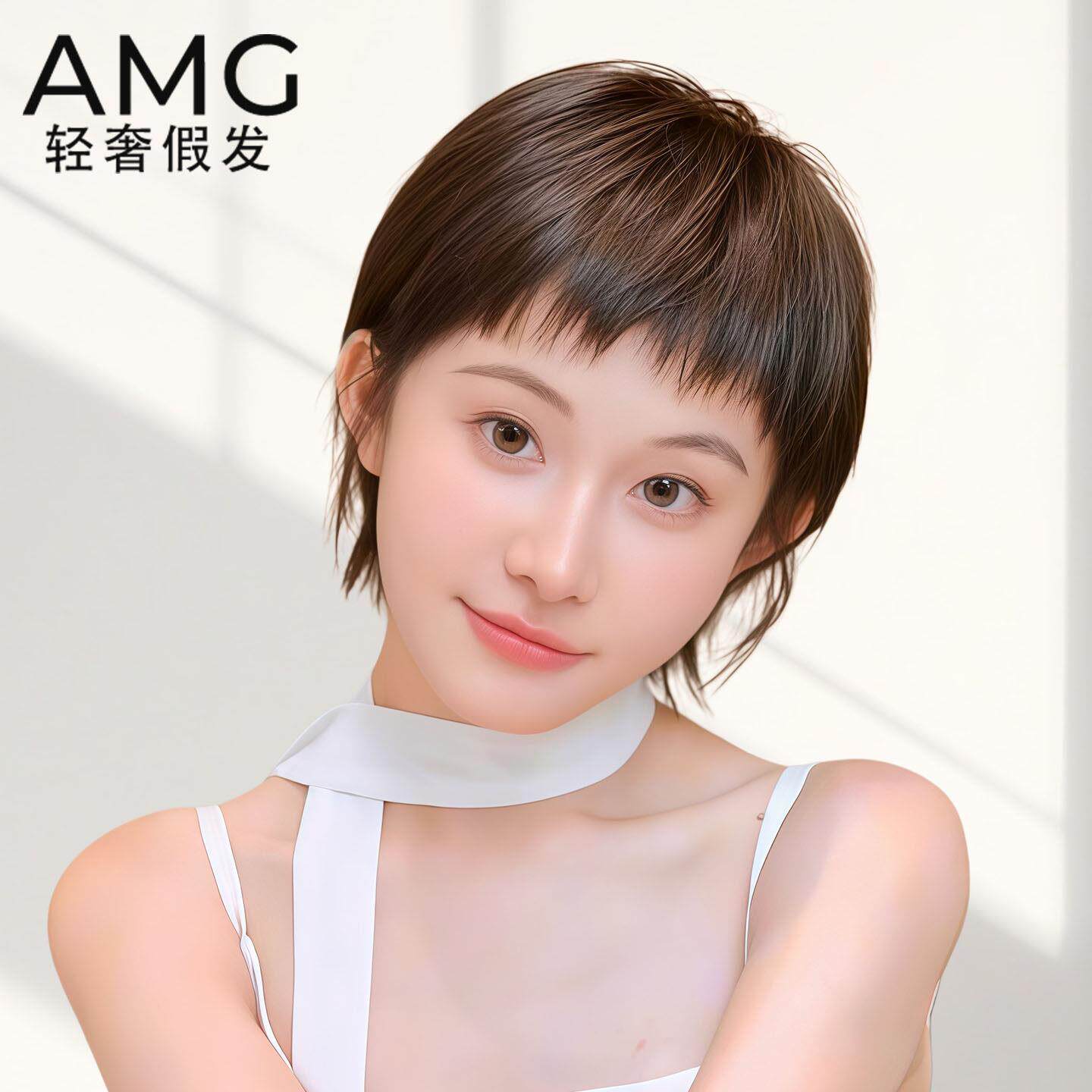 假发短发女全头套真人发丝狗啃刘海时尚全真发夏季薄款整顶假发套