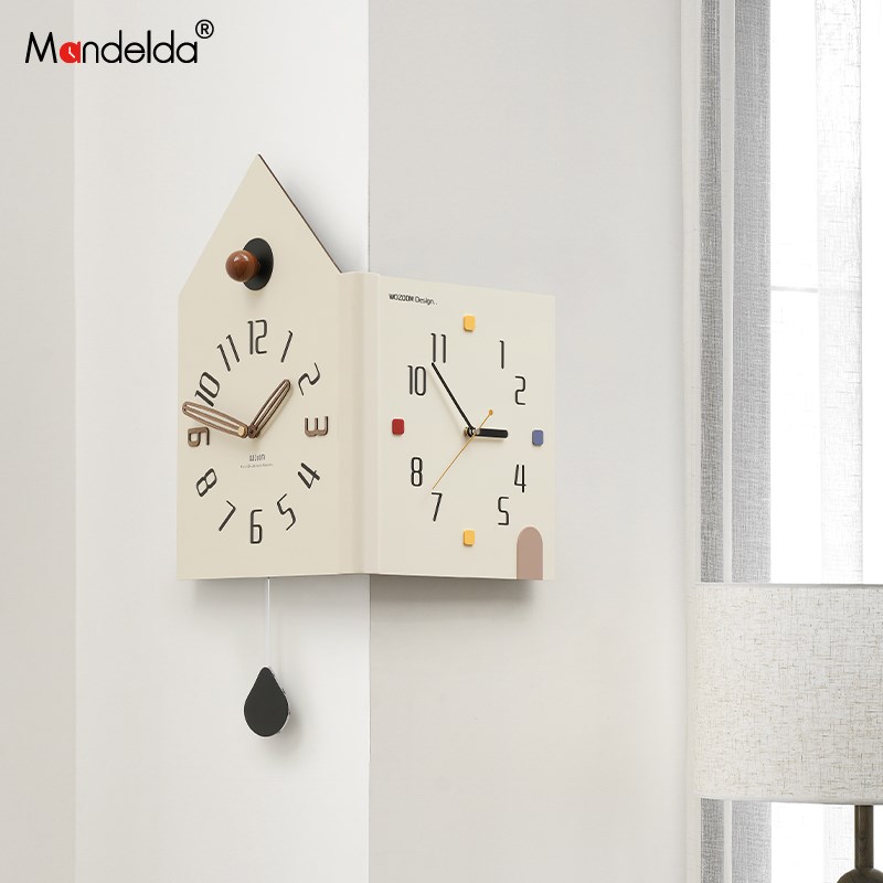 Mandeldga免打孔现代简约双面挂墙钟表2024新款客厅创意拐角挂钟