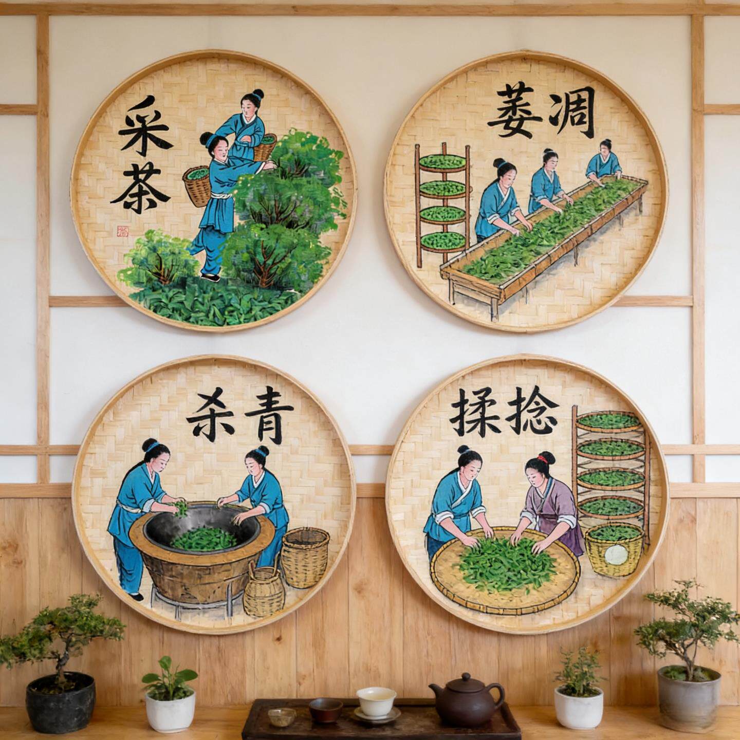 簸箕画手绘竹编茶室背景墙装饰画茶道茶庄挂画茶楼茶馆茶文化墙面