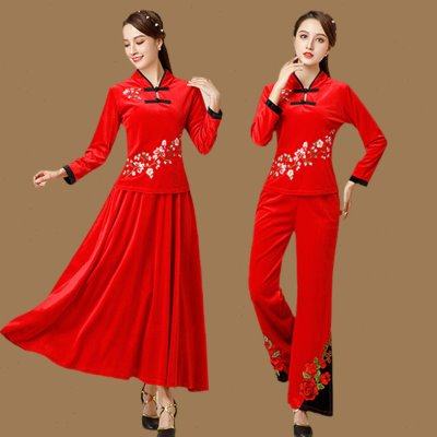 雨夜广场舞民族风大摆裙绣花长袖盘扣古典舞长裙金丝绒秋季拉丁舞