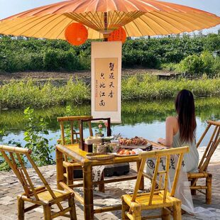 桌椅竹编竹子竹三件套庭院煮户外竹椅复古怀旧桌椅组合围炉桌茶桌