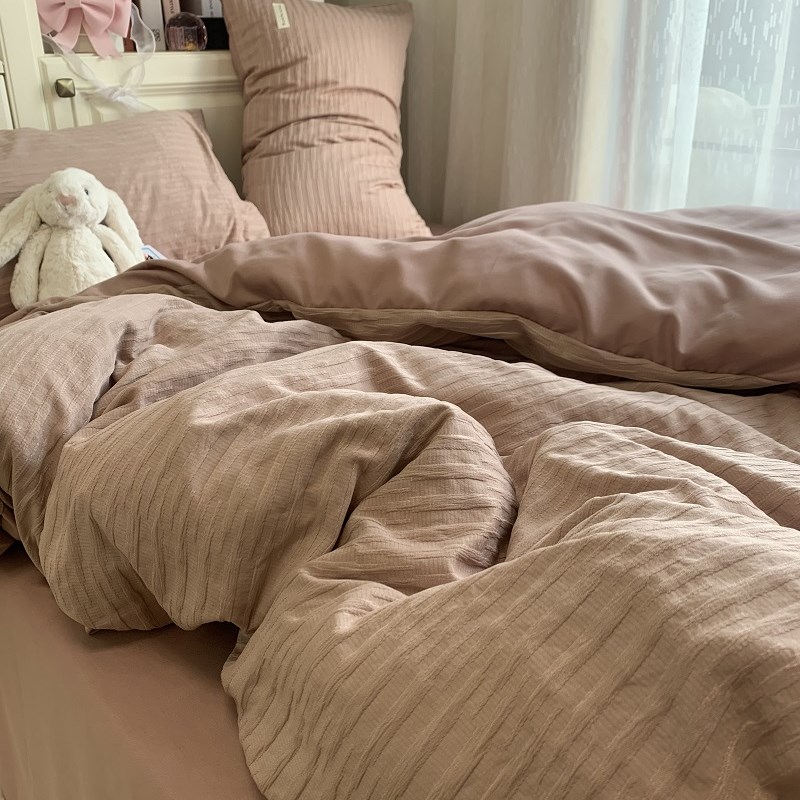 新款少女心波浪立体泡泡四件套水洗D棉粉咖色被罩床单款床品三件
