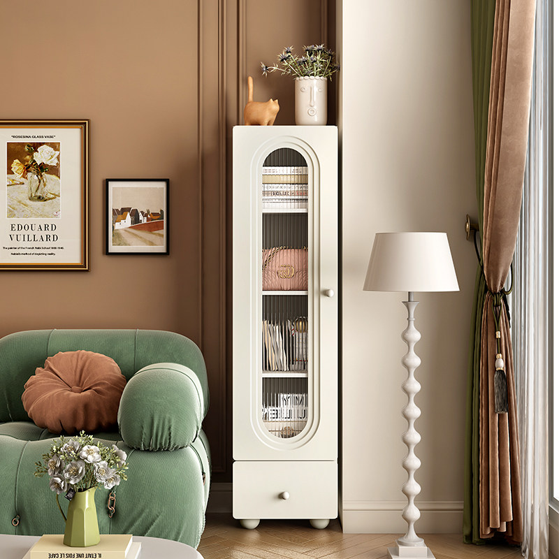 千语法式奶油风小型书柜客厅玻璃门展示柜沙发边柜防尘书架大容量