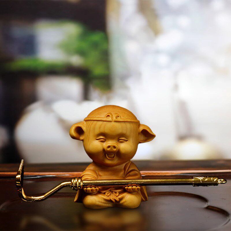 黄杨木雕车摆件生肖猪手把件实木雕刻工艺品招财猪文玩茶宠猪八戒