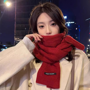 纯色墨绿色小香风格 红色格纹送男生保暖围脖 子毛线针织围巾女冬季