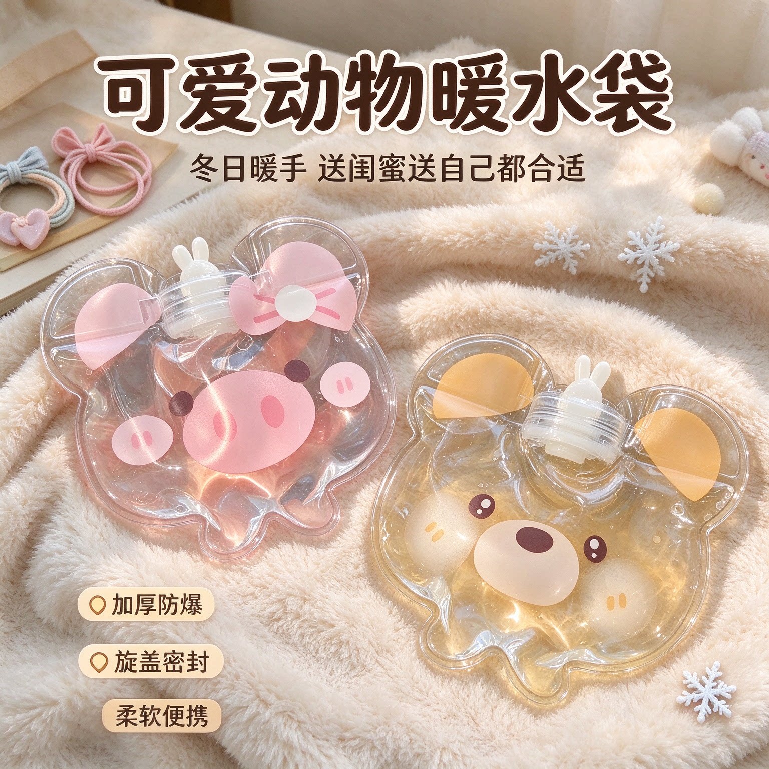 可爱小熊透明防爆保暖热水袋