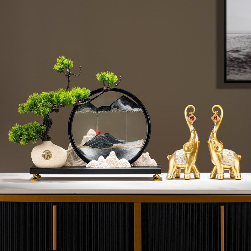 迎客松新中式客厅摆件高端大气上档次家具角几电视柜流沙画装饰品