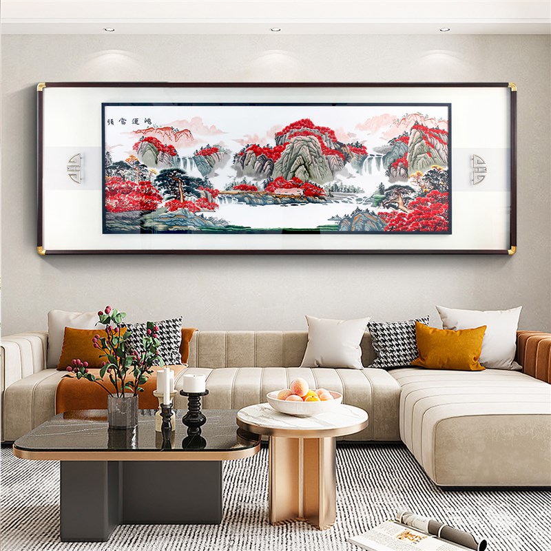刺绣客厅挂画成品苏绣鸿运当头沙发后面背景墙画适合大白墙装饰画图片