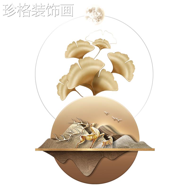 现代轻奢玄关装入饰ZTWY-018画发树户走廊过道壁画光高档麋鹿带灯图片