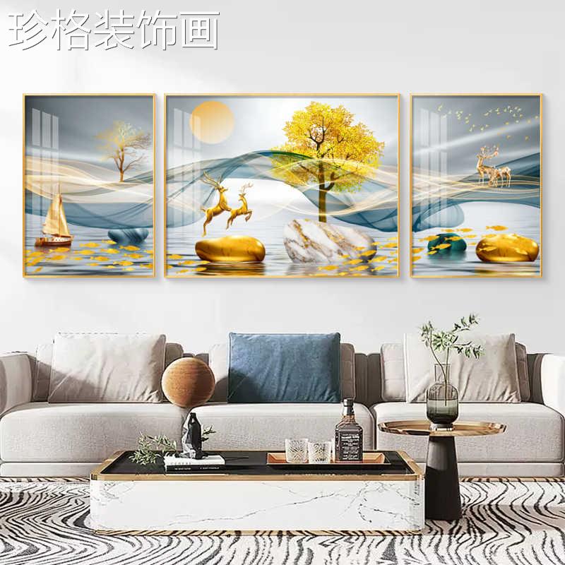 福鹿聚财客厅挂画01334-7北欧简三联装壁画高档大气墙画沙景发背图片