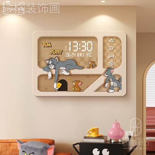 奶油风电表箱装饰画猫和老鼠配电箱挂画万年历钟表电闸盒遮挡壁画