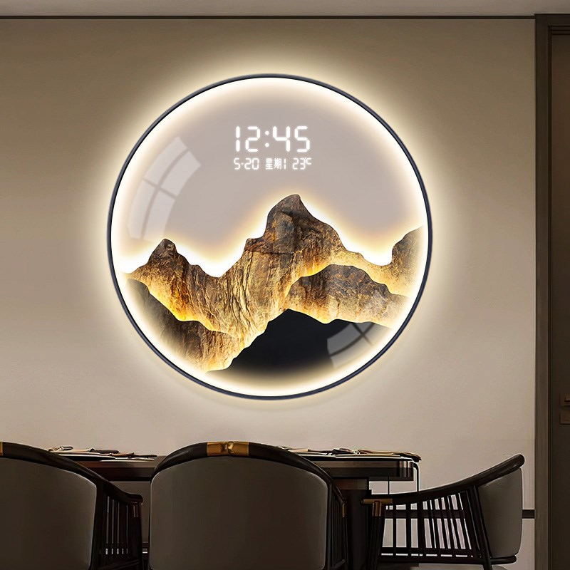 圆形日照金山玄关装饰画夜光电子钟表挂钟客厅餐厅创意时钟壁灯画图片