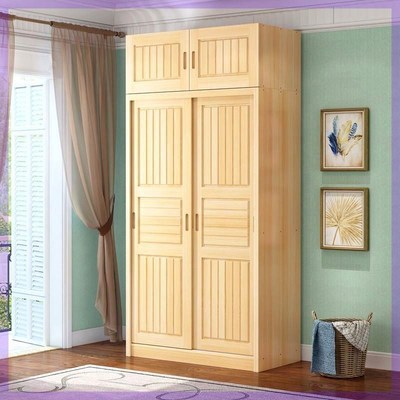 全实木松木衣柜推拉门简约现代原木简易收纳柜子纯实木儿童挂衣橱