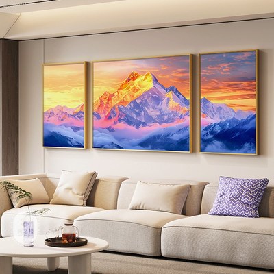 背靠金山客厅背景墙装饰画高档大气靠山图生意人挂画大尺寸三联画