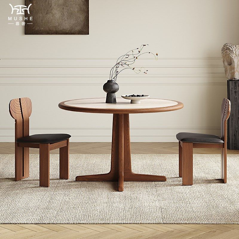 暮奢法式复古洞石岩板实木内嵌餐桌家用圆形饭桌设计师中古风餐桌