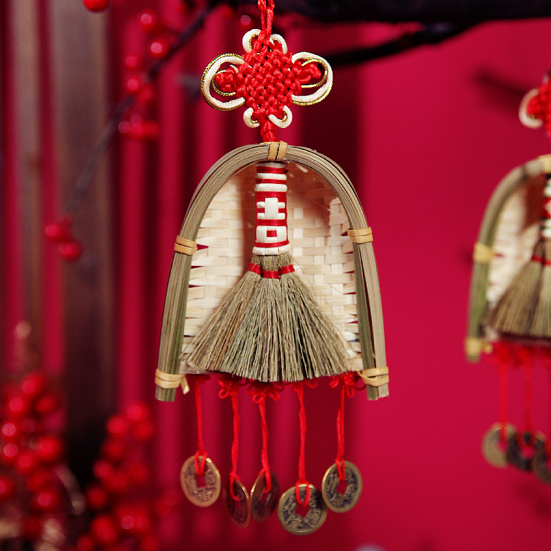 乔迁扫把手把桃木锁铜钱新居挂件春节手工扫帚畚斗簸箕.金丝苗芒
