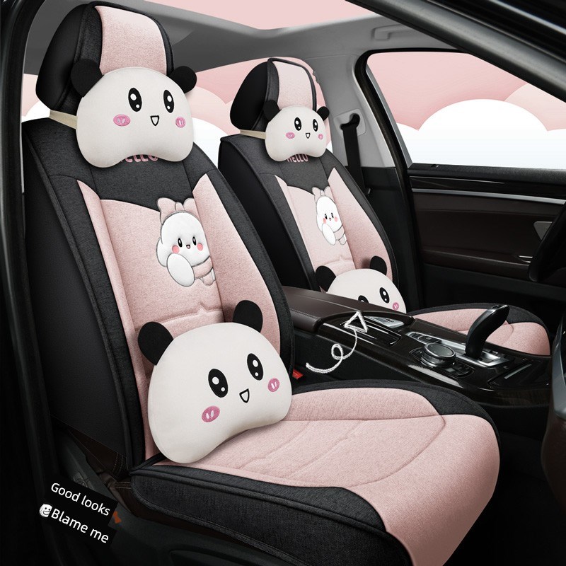 女士车内座c垫亚麻汽车坐垫四季通用全包围座椅套布艺卡通可爱座