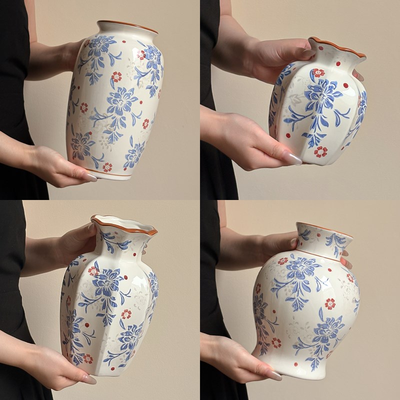 新中式青花瓷复古l花瓶插花花器陶瓷水养鲜花客厅玄关装饰品摆件