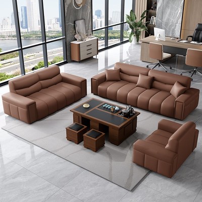 意式进口真皮高端商务p办公沙发乳胶坐垫办公室接待会客室茶几组