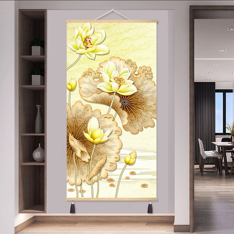 玄关禅意装饰画客厅挂画新中式荷花沙发背景墙壁画竖版定制挂布图片
