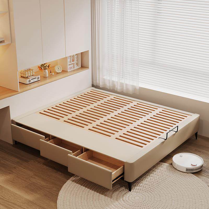 意式极简无床头床现代轻奢小户型榉木排骨架实木抽屉床儿童皮艺床