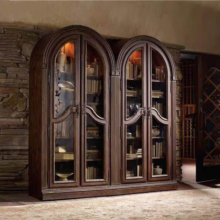 美式乡村实木复古拱形书柜书橱展示柜法式做旧客厅储物柜餐边柜