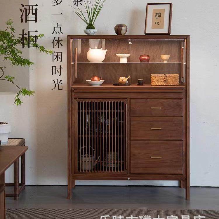 璞木新中式实木酒柜餐边柜客厅边柜沙发储物柜黑胡桃木茶边柜角柜