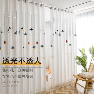 伸缩杆一整套隔断帘遮光新款 透光不透人纱窗帘免打孔安装 白纱帘子