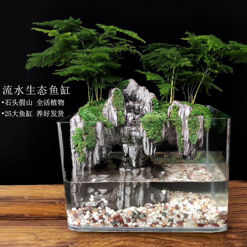 大鱼缸流水造景全套生态微景观小型桌面装饰真植物水陆缸山水造景