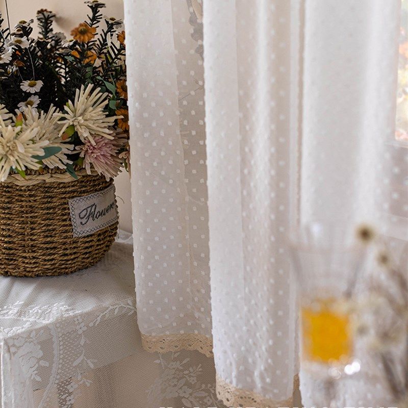 韩式田园免打孔门帘法式白色蕾丝纱帘隔断半截帘梦幻帘纱幔短帘