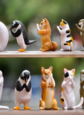 日系祈愿动物双手合十祈祷参拜动物柴犬企鹅白鲸水獭猫咪玩偶摆件