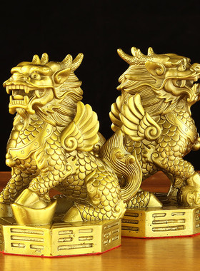 八卦大号铜麒麟摆件一对全黄铜麒麟纯铜家居店铺开业全摆饰工艺品