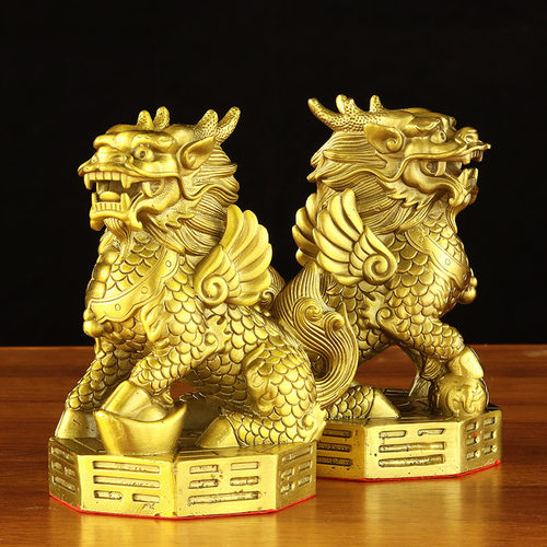八卦大号铜麒麟摆件一对全黄铜麒麟纯铜家居店铺开业全摆饰工艺品