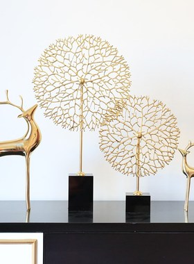 轻奢家居饰品创意艺术铜艺摆件黑水晶珊瑚摆设客厅玄关摆设工艺品