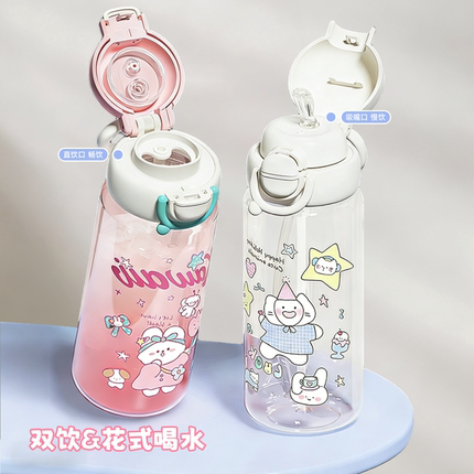 可爱卡通~食品级PC塑料儿童水杯夏日上学卡通杯子双饮吸管杯2026