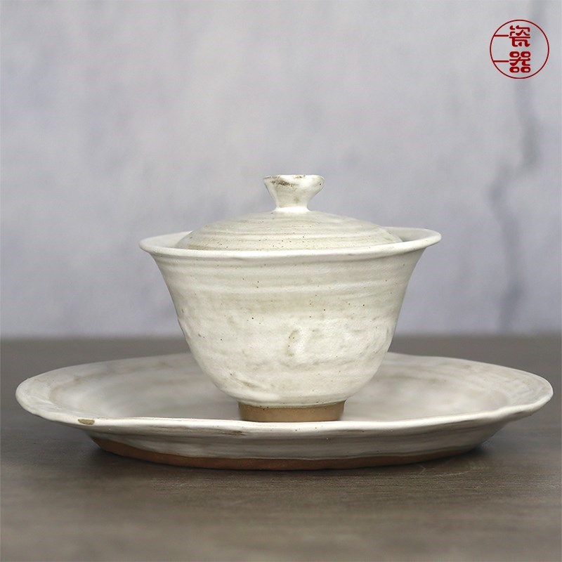 纯手工三才盖碗陶l瓷粉引二才不烫手单个高档覆古家用茶碗泡茶小